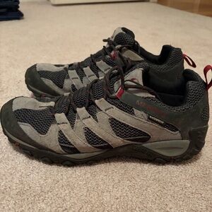 Merrell Men's Gray and Black Waterproof Hiking Sneakers with Red Accents